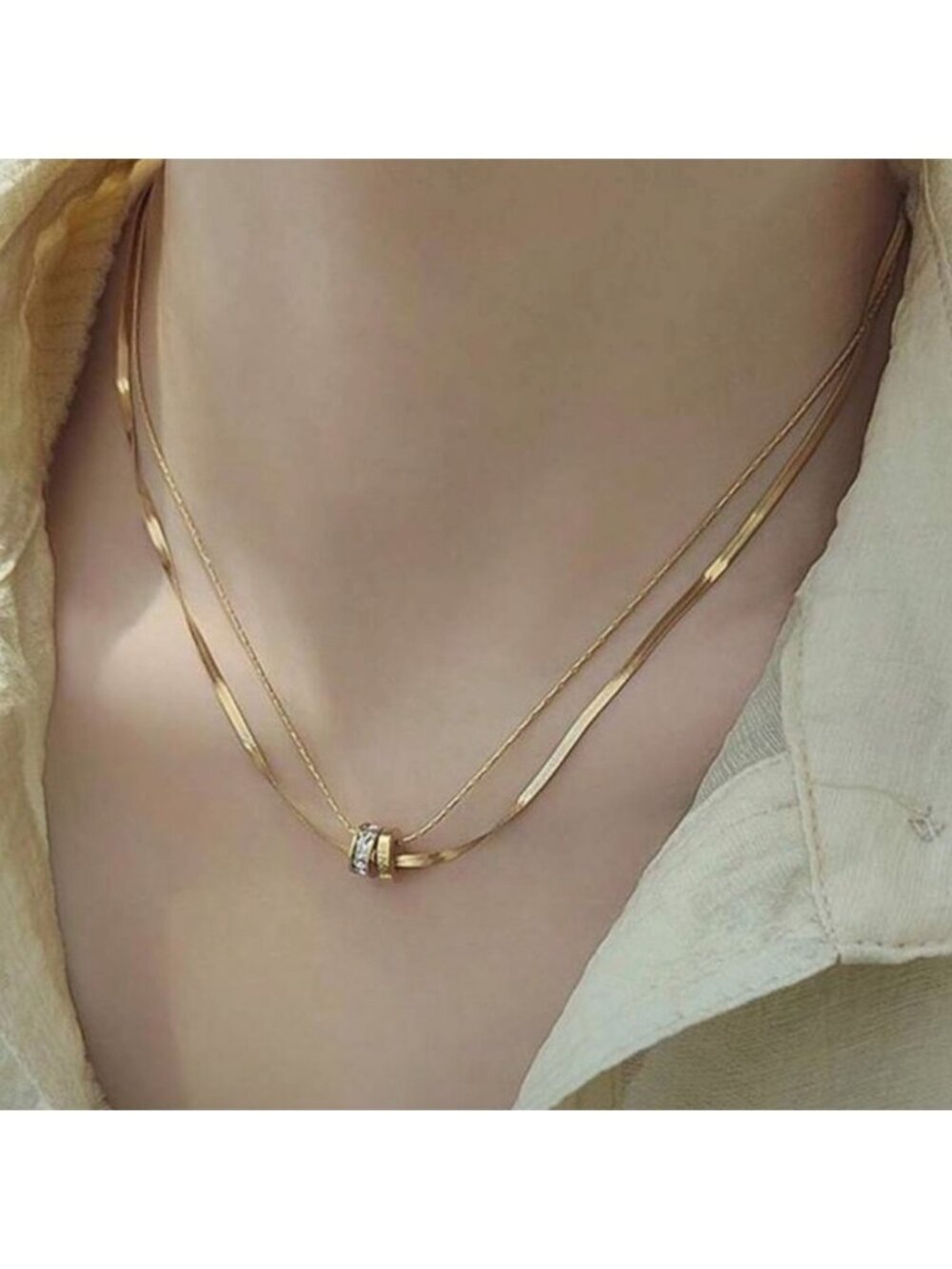 Gold Plated Stainless Steel 1pc Layered Double Pendant Necklace